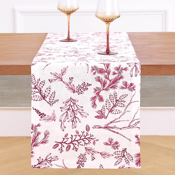 Solino Home 100% Pure Linen Christmas Table Runner 132 Inches Long - Red/White Table Runner 14 x 132 Inch - Handcrafted and Machine Washable - Winter Forest Print