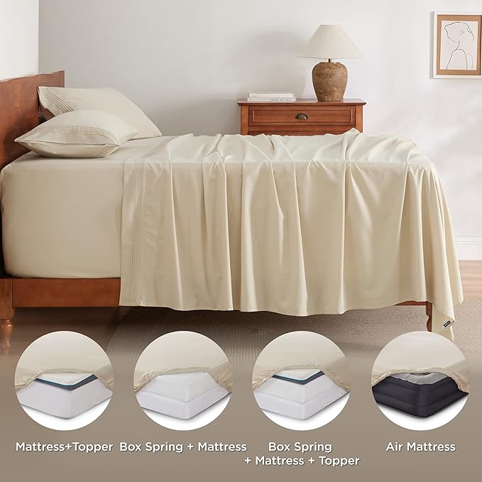 Bedsure Deep Pocket Twin Sheets Set - Fits Mattresses Up to 21 Inches Thick -3 Piece GentleSoft Bed Sheets, Moisture Wicking, Soft & Cooling Bedsheet & Pillowcases, Easy & Secure Fit, Beige