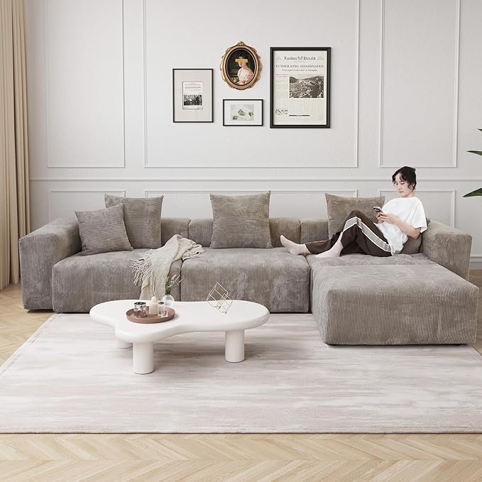 JACH Modern Sectional Couch Sofa, Corduroy Modular Sectional Couch with Chaise Ottoman, Cushion Covers Removable, Oversized Soft Couches for Living Room, Office (Light Brown)