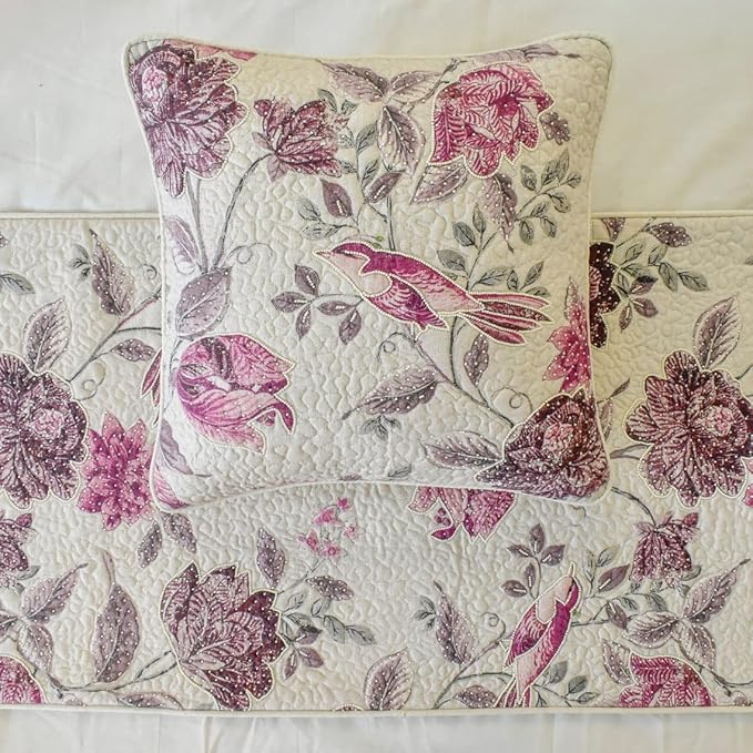 The HomeCentric King/Queen/Twin Pink Decorative King 90"x18" Bed Runner with 2 Pillow Cover, Quilted, Printed & Pearl Embroidery Bed Scarf on Cotton Fabric - Vintage Birdie