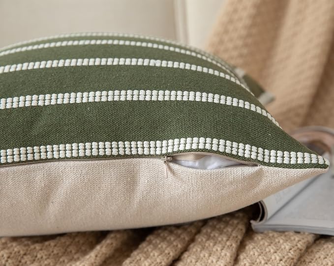 Caflife Boho Throw Pillow Covers 12x20 Set of 2 Soft Farmhouse Decorative Couch Pillow Cases Green Striped Pillow Covers Neutral Cushion Covers for Sofa Bed Living Room Home Decor