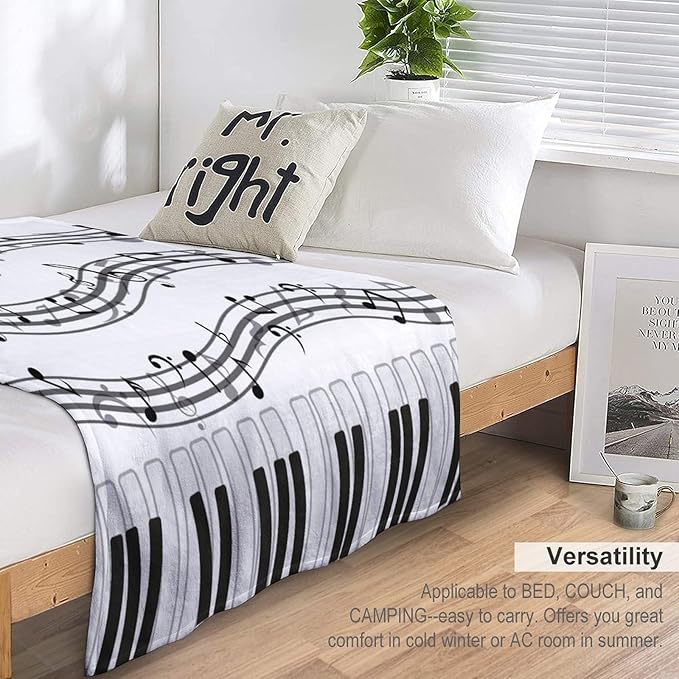 Music Blanket Black White Piano Keys Music Note Modern Abstract Art Print Soft Cozy Lightweight Throw Blanket for Women Men Bedroom Living Room Dorm Chair Sofa Travel 50x60in