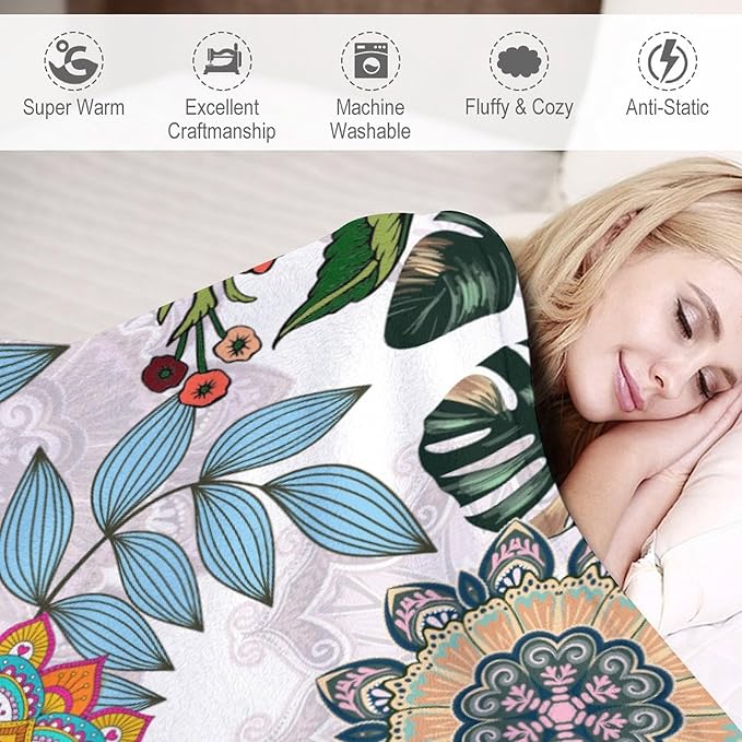 Boho Flowers Blanket for Women Girls, Rustic Bohemian Mandala Palm Leaves Plants Botanical Print Blanket for Bedroom Living Room Couch Sofa, 30"x40"