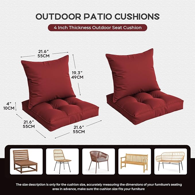 Waterproof Outdoor Chair Cushions Set of 2, Patio Cushions for Outdoor Furniture Water-Resistant & Fade-Resistant, Deep Seat & Back Cushion for Chair Sofa, 22x22 Inch (Red)