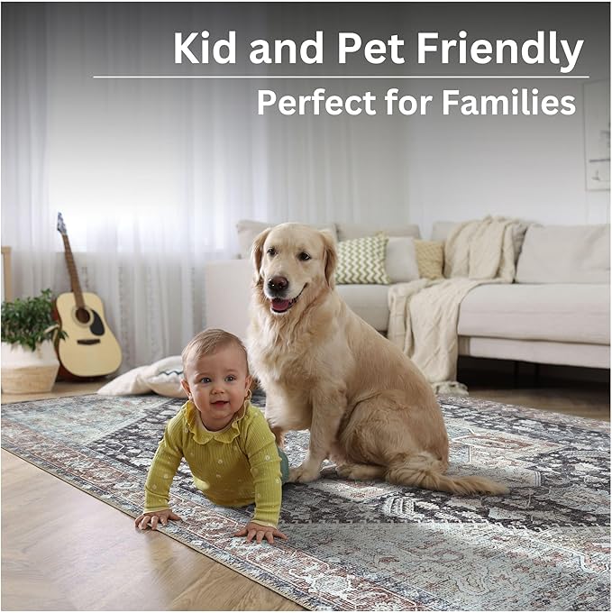 Bloom Rugs Washable Non-Slip 6' x 9' Rug - Charcoal/Brown Traditional Medallion Area Rug for Living Room, Bedroom, Dining Room, and Kitchen - Exact Size: 6' x 9'