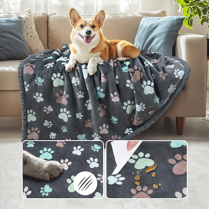 Luciphia Waterproof Pet Blankets for Couch Sofa Bed Cover Liquid Pee Proof Washable Soft Fluffy Large Dog Blanket Reversible Furniture Protection Grey Paw Thicken X-Large（85" x 57"）