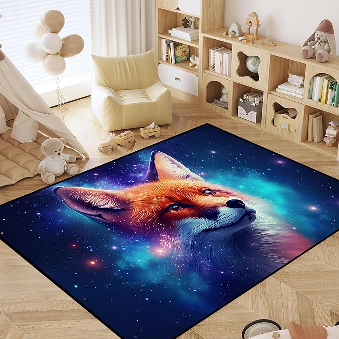Galaxy Fox Rug Large 3D Cute Foxes Area Rugs for Bedroom Living Room Playroom Boys Kids Cartoon Colorful Carpet Glitter Stars Throw Rugs Floor Mat 71 in x 47 in