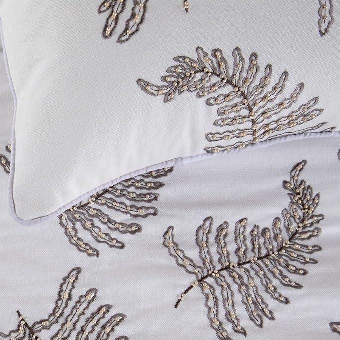 The HomeCentric White Bed Runner, Twin Size 53"x18" Decorative Bed Runner with 2 Matching Pillow Cover, White Linen Bed Scarf in Fern Embroidery & Pearl - Fern Blossom