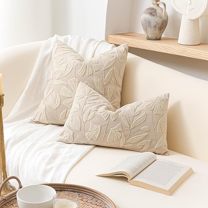 BlissBlush Light Beige Velvet Decorative Throw Pillow Cover 20X20, Neutral Floral Tufted Soft Farmhouse Textured Pillowcase, Accent Pillowcase for Couch Sofa Bed Living Room