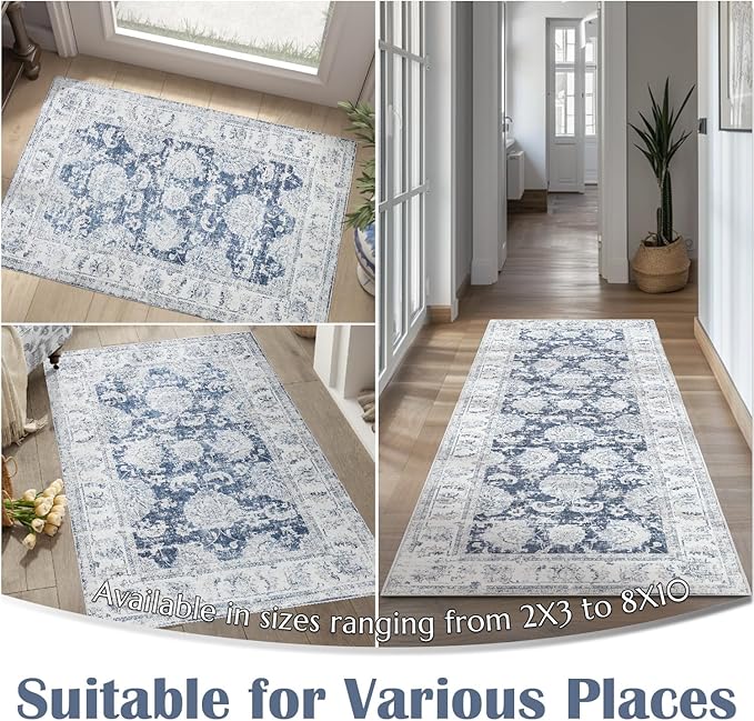 jinchan Fiora Hallway Runner Rug 3x10 Washable Runner - Vintage Floral Non Slip Low-Pile Soft Thin Faux Wool Kitchen Rug Distressed Carpet for Farmhouse Bedroom Laundry Room(3x10ft,Dark Blue)