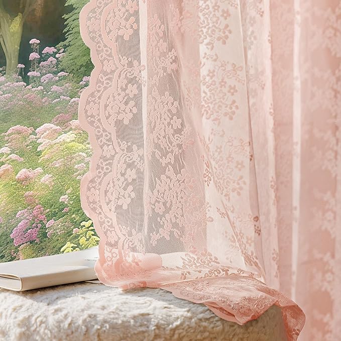 Anmao Vintage Lace Curtains 54 Inches Long 2 Panels Set, Romantic Elegant Light Filtering Semi Sheer Floral Thick Lacy Curtain Drapes for Living Room and Bedroom, Each Panel 55W x 54L, Blush Pink