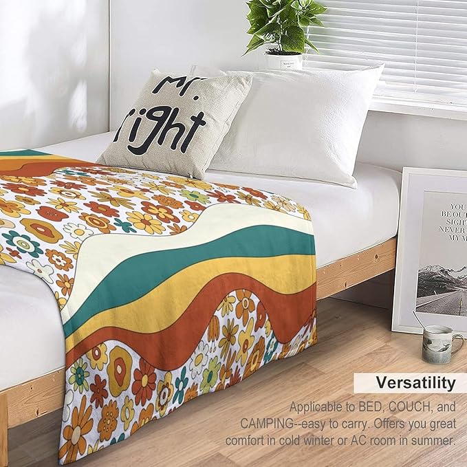 70s Retro Floral Throw Blanket, Boho Groovy Wavy Geometric Hippie Cute Flowers Yellow Orange Abstract Print Blanket for Holiday Theme Home Decor Bedding Couch and Gift 60"x80"