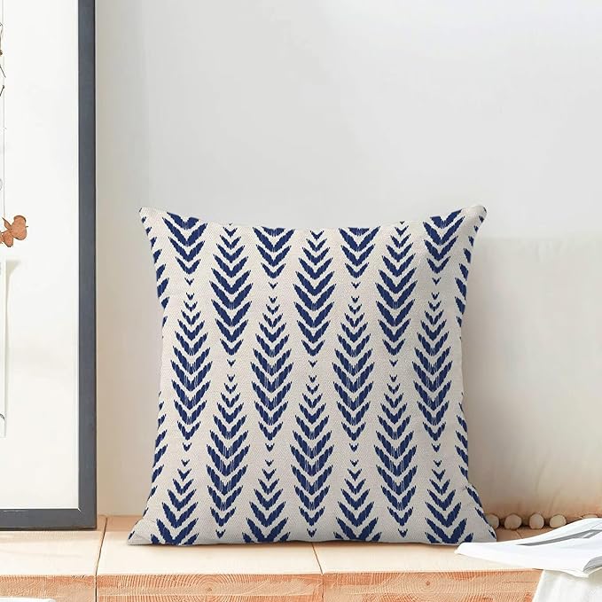 Navy Blue Boho Pillow Covers 16 x 16 Inch Pack of 2, Bohemian Ethnic Herringbone Pattern Decorative Throw Pillow Covers Linen Modern Geometry Farmhouse Outdoor Pillowcase for Sofa Couch Decor