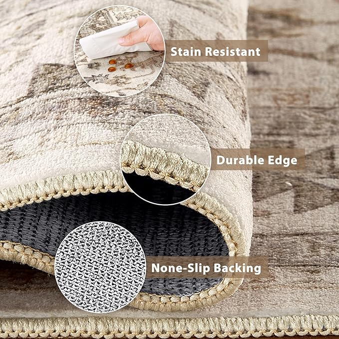 Vintage Hallway Runner Rug 3x8: Large Soft Washable Entryway for Kitchen Laundry Room Non-Slip Backing Runner for Entrance Living Room Bedroom Bathroom - Light Brown