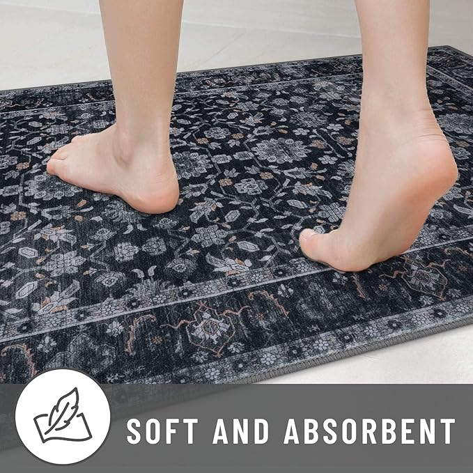 KUTA Vintage Floral Entryway Rug 2x3, Kitchen Rugs Non-Slip Washable Throw Rug, Black Grey Orange Ultra Thin Soft Print Front Door Mat Indoor Doormat for Entrance, Bedside, or Small Spaces