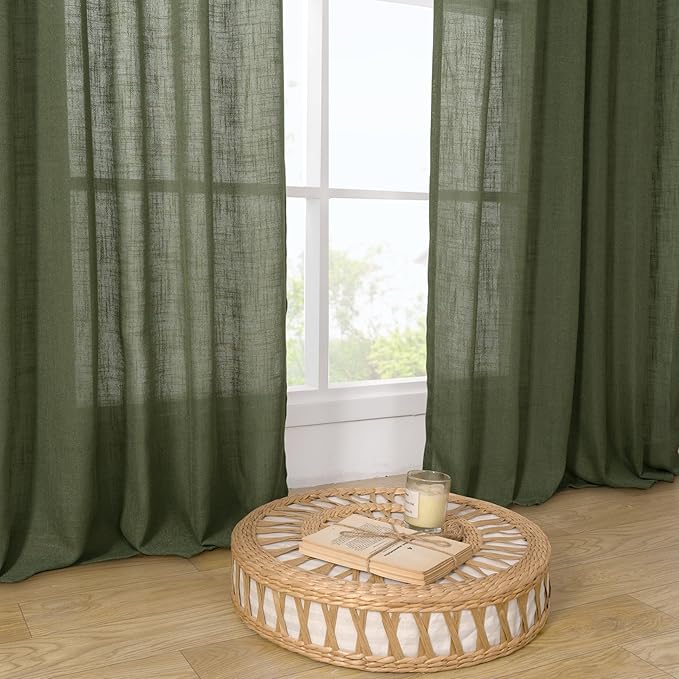 LAMIT Olive Green Linen Curtains for Living Room 84 inch Length 2 Panels, Light Filtering Semi Sheer Panels Back Tab and Rod Pocket Boho Christmas Drapes for Bedroom/Farmhouse, 38 x 84 Inch