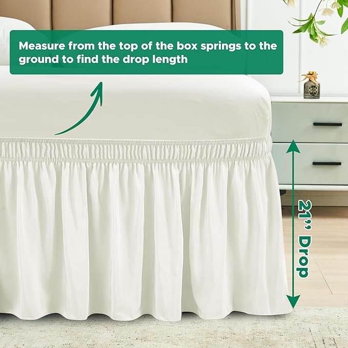 Biscaynebay Wrap Around Bed Skirts for Queen Size Beds 21" Long Drop, Ivory Adjustable Elastic Dust Ruffles Easy Fit Wrinkle Resistant Silky Luxurious Fabric Machine Washable