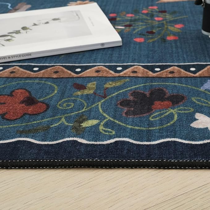 Rugcomf Round Rug 4ft Washable Circle Rug Non Slip Low Pile Boho Floral Animal Cat Small Circular Rug for Bedroom Bathroom Entryway Kids Room Office College Dorm, Pearl Gentian Blue