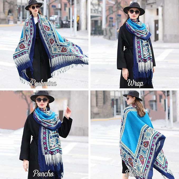 DANA XU 100% Merino Wool Pashmina Shawl for Women 96"x43", Oversized Cashmere Wrap with Tassels, Floral Travel Blanket Cape