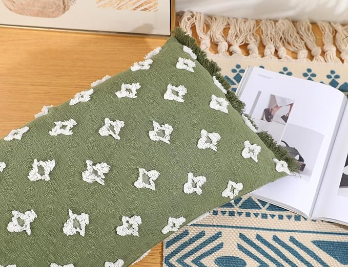 Boho Long Lumbar Pillow Cover 14x24 with Tassel,3D Flower Patterned Cotton Decorative Long Lumbar Pillow Cover Pillow Case for Sofa Couch Bed Livingroom Farmhouse,Sage Green