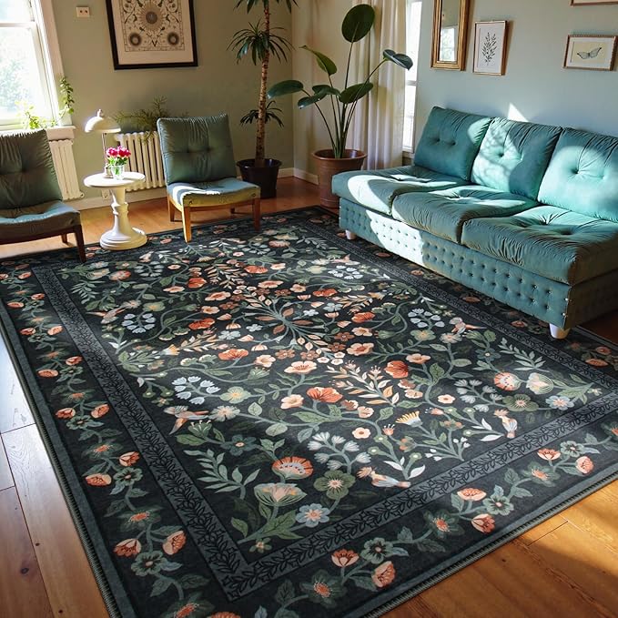 Lahome 9x12 Rugs for Living Room, Non-Slip Stain Resistant Dining Room Rug Washable Untra-Thin Soft Large Carpet, Vintage Botanical Print Low-Pile Carpet for Bedroom Office, Black