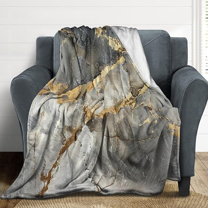 Modern Marble Blanket, Abstract Luxury Baroque Gold Grey Gradient Stone Veins Pattern Soft Warm Cozy Plush Flannel Covers for Livingroom Bedroom Couch Chair Camping Travel Home Decor Tapestry 50x60in