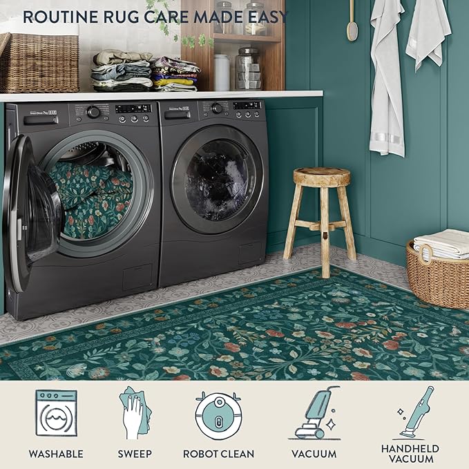 Lahome Floral Washable Rugs 9x12, Non-Slip Untra-Thin Soft Living Room Area Rugs, Vintage Botanical Print Low-Pile Carpet for Bedroom Dining Room Office, Dark Green