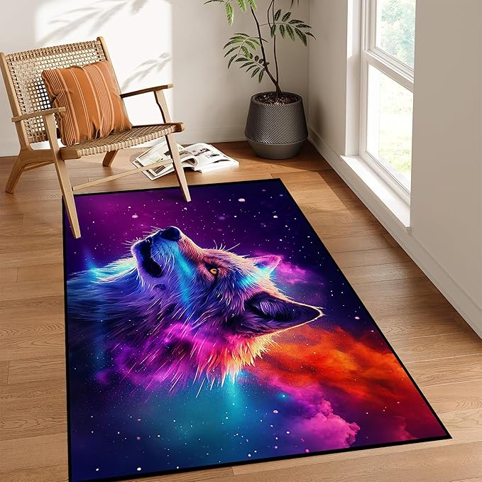 Galaxy Wolf Rug 3D Fierce Wolves Area Rugs for Kids Bedroom Living Room Playroom Gameroom Boys 59 in x 39 in