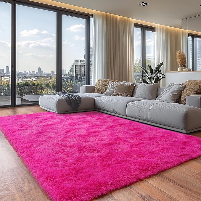 Extra Large 9x12 Feet Fuzzy Rug Hot Pink Fluffy Rug for Living Room, Big Plush Non-Skid Shag Carpet, Soft Shaggy Rugs for Bedroom Indoor Modern Home Decor