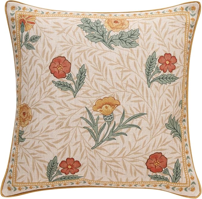 patdrea Designer Square Throw Pillow Covers for Couch 18"x18",Vintage French Linen Pillows Cover with Daisy Floral Pattern,Beige Luxury Farmhouse Decorative Cushion for Bed,Living Room,Outdoor