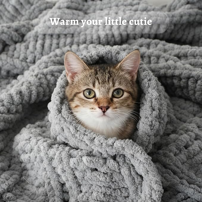 Battilo Light Grey Chunky Knit Throw Blanket for Couch, Thick Warm Cozy Soft Chenille Throw Blanket, Handmade Cable Knit Blanket for Sofa,Bed, Living Room, 50"x60"