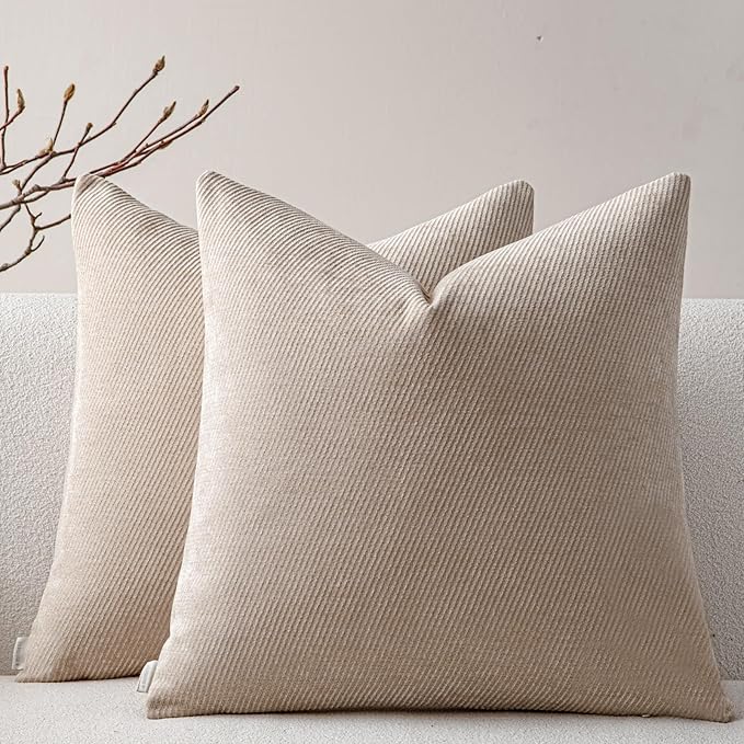 a moment Pack of 2 Decorative Chenille Throw Pillow Covers with Twill Cushion Covers for Sofa Living Room Couch Bed 18x18 Inch Beige