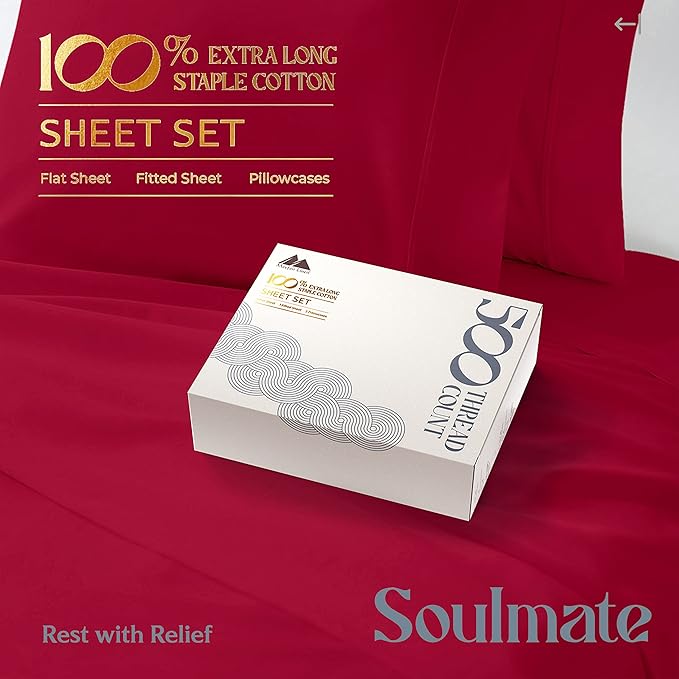 Mayfair Linen 500 Thread Count Full Cotton Sheets - 4 PC Full Size Bed Sheet Set Cotton (Red), Soft, Cooling, Sateen Hotel-Quality 16" Deep Pocket Bedsheet for Hot Sleepers (Fits 18" Mattress)