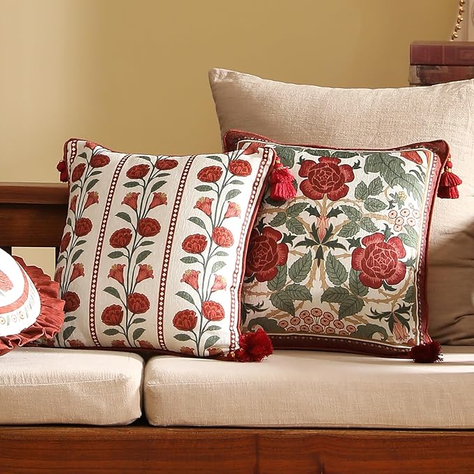 Vintage Square Throw Pillow Covers Pack of 2,Red Cozy Velvet with Leaves and Floral Pattern Pillowcases,Decoration Pillows Cushion Covers for Living Room Couch Sofa Bed Car Chair,18"x18"