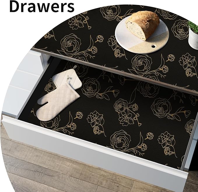 Shelf Liners for Kitchen Cabinets 17.5in x 20FT Non Adhesive Drawer Liner Black Floral Thickened Shelf Liner Paper Strong Non-Slip Easy to Clean for Tool Box Refrigerator with Knife and Tape Measure