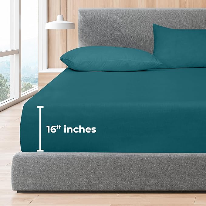 ROYALE LINENS 300 Thread Count 100% Long Staple Combed Cotton Fitted Sheet King - Super Soft Deep Pocket Bottom Sheet - Fitted Sheets Only - Elastic Sheets (King, Teal)