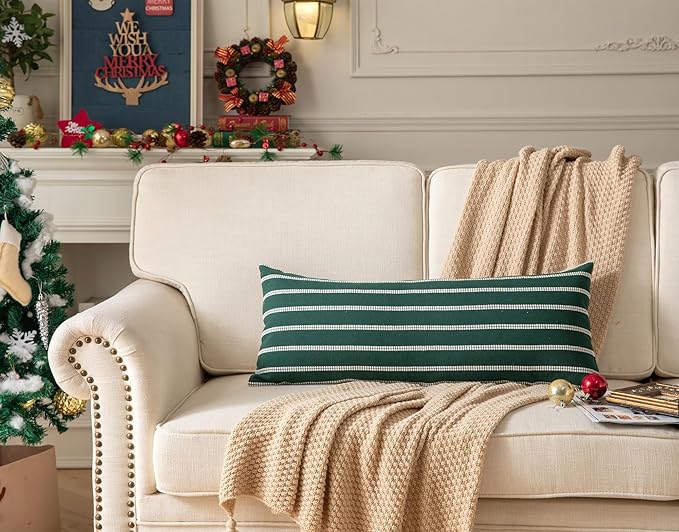 Boho Lumbar Throw Pillow Cover 14X36 Long Soft Farmhouse Decorative Couch Pillow Cases Dark Green Striped Body Pillow Covers Neutral Cushion Covers for Sofa Bed Living Room Home Decor Pack of 1