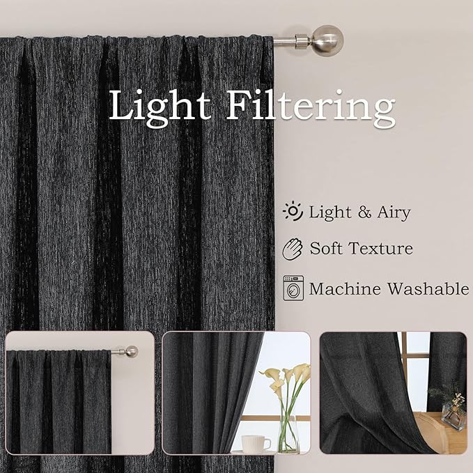 Simplebrand Black Faux Linen Textured Curtains 63 Inch Length 2 Panels for Bedroom, Semi Sheer Light Filtering Privacy Farmhouse Curtains, Soft Thick Rod Pocket Window Drapes, 40W x 63L Inch