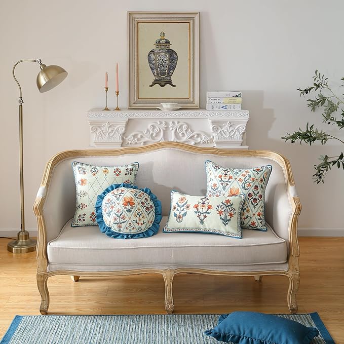 ISAENNE Design Lumbar Linen Throw Pillow Covers 12"x20" Pack of 2, Blue Country Cushion Covers with Colorful Wildflower Pattern Decor Rectangle Pillowcases for Bed,Living Room,Outdoor,Car