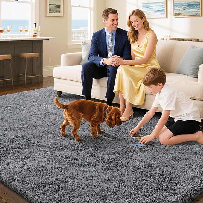 Fluffy Rug Shaggy Area Rug, Dark Grey 3x5 Area Rugs for Bedroom, Small Bedside Rug, Soft Fluffy Shaggy Entryway Throw Rugs for Living Room Bedroom Kids Room Home Decor