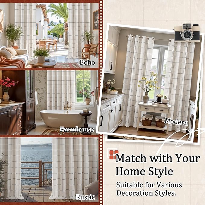 Plaid Patterned Curtains Thermal Insulated - 96 Inches Extra Long Total Linen Blackout Curtains for Living Room, Boho Drapery for Farmhouse Bedroom 52x96 Inch 2 Panels, Dark Grey