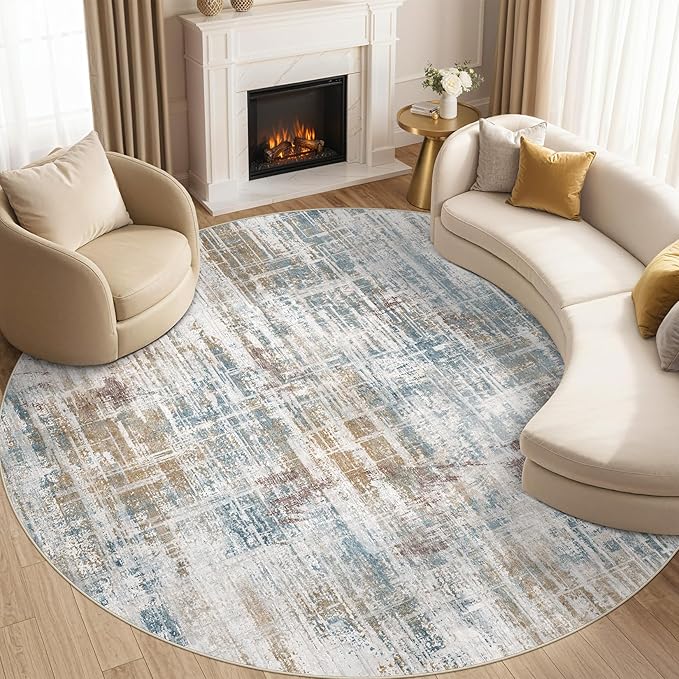 8ft Round Area Rug for Living Room: 8x8 Washable Neutral Abstract Modern Soft Rugs Non Slip Indoor Floor Stain Resistant Carpet for Bedroom Dining Room Office Nursery - Blue Brown