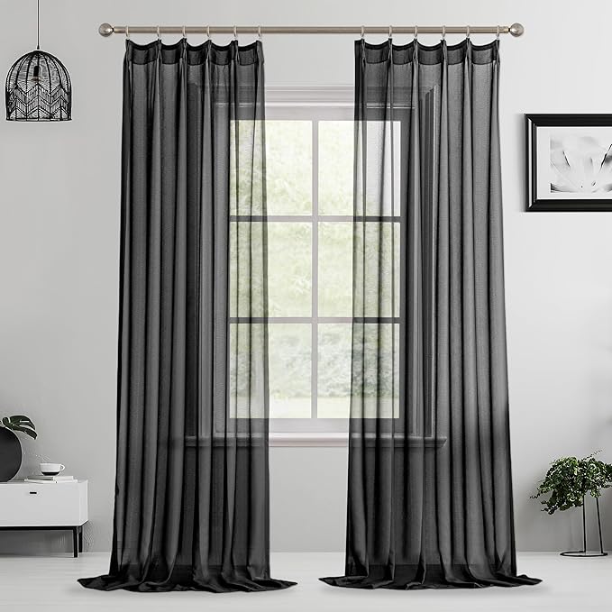 MAIHER Black Pleated Sheer Curtains 144 Inch Length 12ft Extra Long Tall Curtains for 2 Story Living Room Soft Touch Light Filtering Pinch Pleat Drapes with Hooks, Black, 42" W x 144" L, 2 Panels