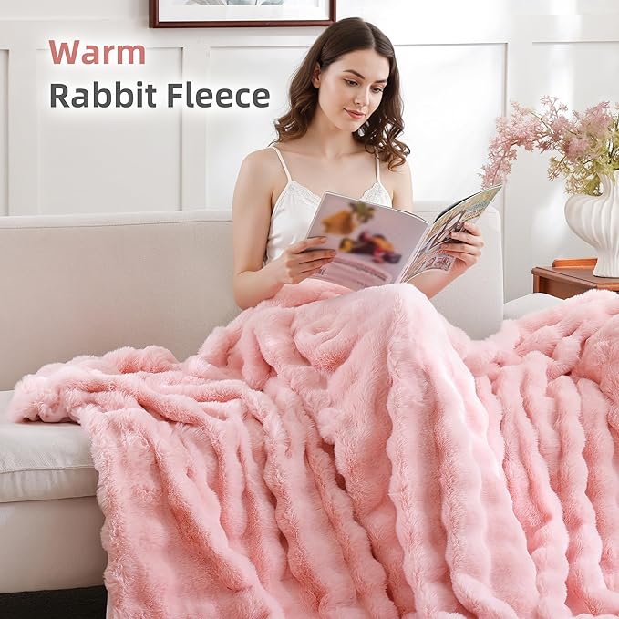 Smoofy Faux Fur Throw Blanket for Couch – Blush Pink Fluffy Cozy Rabbit Fleece, Plush Soft Bubble Blanket for Sofa & Bed, for Mom, Warm Fuzzy Home Room Decor Throw 50" x 60"