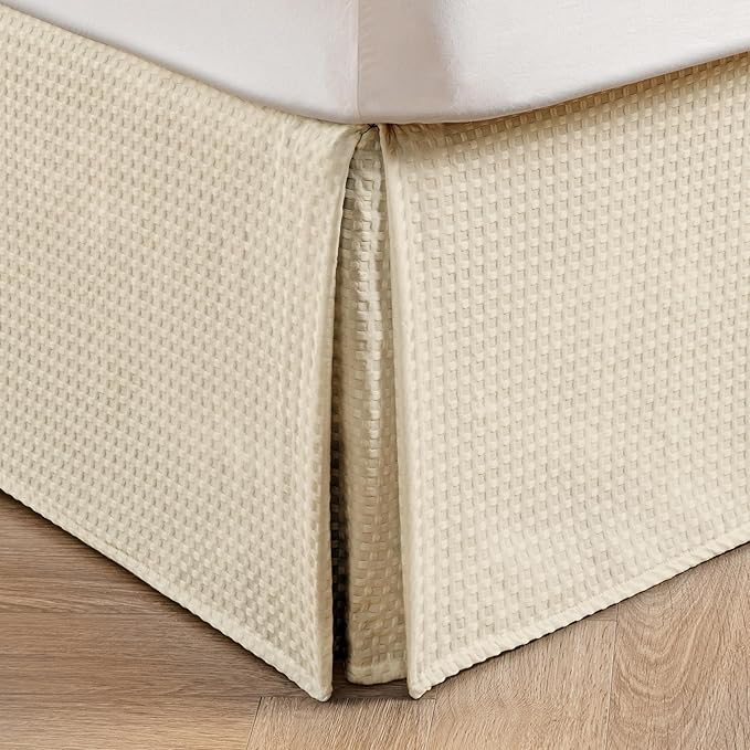 MIYE Pleated Waffle Weave Bed Skirt, Tailored Dust Ruffle 18 Inch Drop Easy Fit, Machine Washable,No Split Corners (Light Beige, King - 18" Drop)