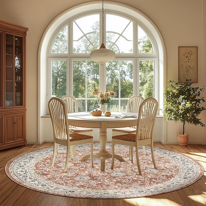 jinchan Round Rug 8ft Washable Circle Soft Rug - Low Pile Vintage 8'Round Indoor Orange Floral Print Stain Resistant Boho Carpet Ultra-Thin Non-Slip for Living Room Bedroom Dining Room Kitchen