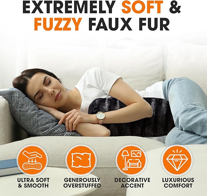 Cheer Collection Faux Fur Bolster Pillows – Soft Decorative Cylinder Pillows for Bed or Couch, Machine Washable – 8” x 24”, Set of 2, Black