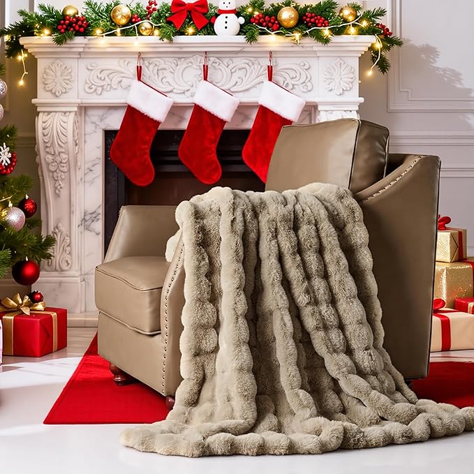 Lotus Karen Faux Fur Throw Blanket Khaki - Big Bubble Rabbit Fluff Blanket for Couch, Small Fluffy Fuzzy Cozy Blanket, Thick Furry Plush Shaggy Blankets, 50x60 Inches
