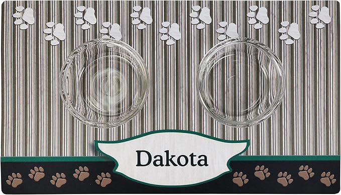 Drymate Personalized Pet Bowl Placemat, Custom Dog & Cat Food Feeding Mat - Absorbent Fabric, Waterproof Backing - Machine Washable/Durable (USA Made) (16" x 28") (Green Tan Paw)
