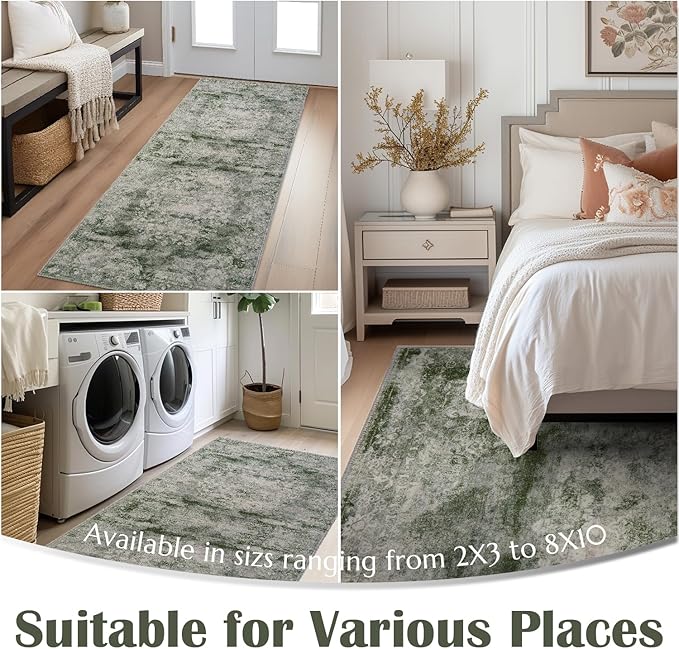 jinchan Green Runner Rug 2x5 - Machine Washable Vintage Floral Distressed Design Non-Slip Low-Pile Soft Thin Christmas Carpet for Hallway Kitchen Farmhouse Bedroom Laundry (2x5ft, Forest Green)